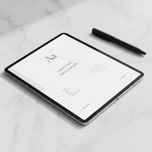 Tablet on a marble surface with a pen next to it showing RBF Studio's A Study in E-Commerce Typography.