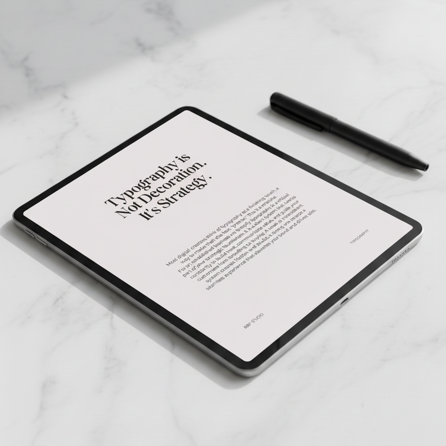Tablet displaying a text quote on a marble surface with a pen next to it showing RBF Studio's A Study in E-Commerce Typography.